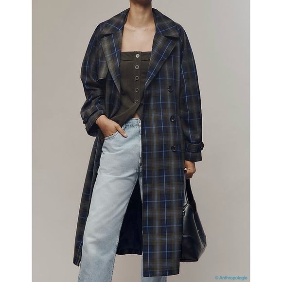 Avec Les Filles Jackets & Blazers - NWT Avec Les Filles Navy Blue Plaid Belted Trenchcoat (Oversize Fit)